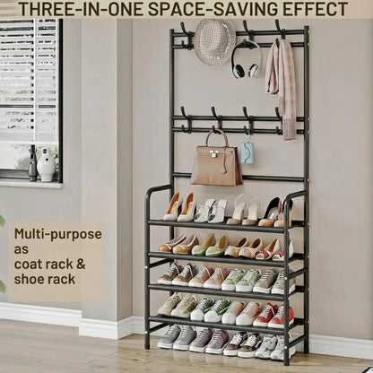 3-in-1 Entryway Organizer: Freestanding Hall Tree with Coat Rack, 5-Tier Shoe Storage & 8 Hooks