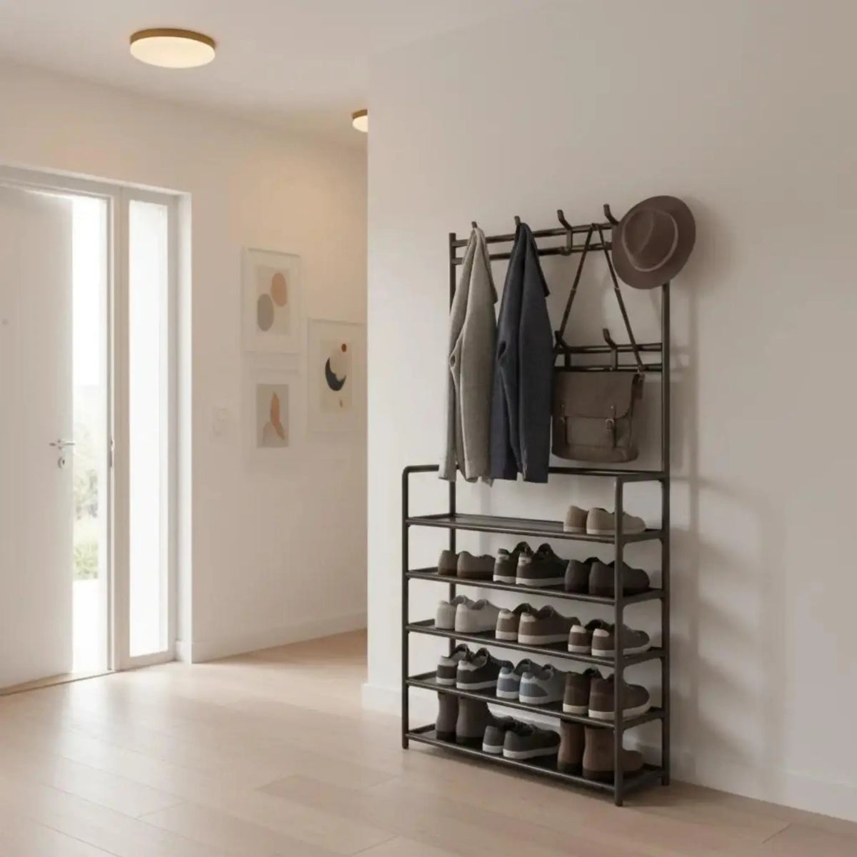 3-in-1 Entryway Organizer: Freestanding Hall Tree with Coat Rack, 5-Tier Shoe Storage & 8 Hooks