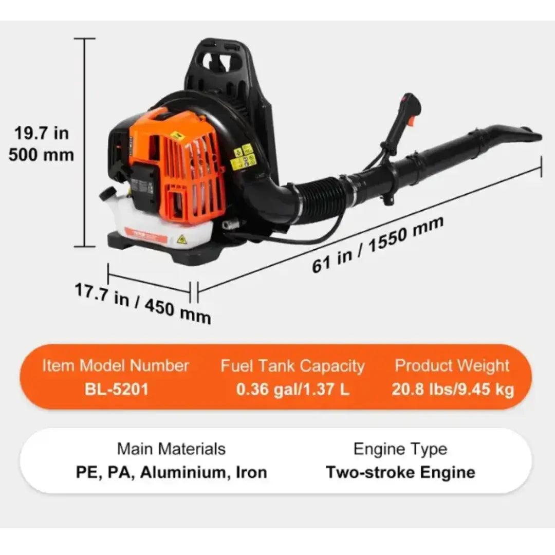 SELYVEN Gas Leaf Blower 52CC Backpack Snow Blower 2 Stroke with Fuel Tank 1.37L Air Volume 480CFM for Lawn Care, Leaf Cleaning, Snow Removal